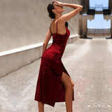 Women Dress Fall/Winter Slim Velvet Spaghetti Straps Dress Slit Midi Skirt