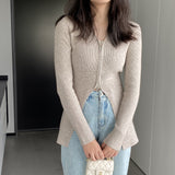 Women Cardigan Sweater V-neck Sweater Long Zipper Cardigan Long Sleeve Top 8t8315