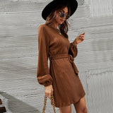 Women Dress Long Sleeve Twist Knitted Dress Puff Sleeve Casual Skirt