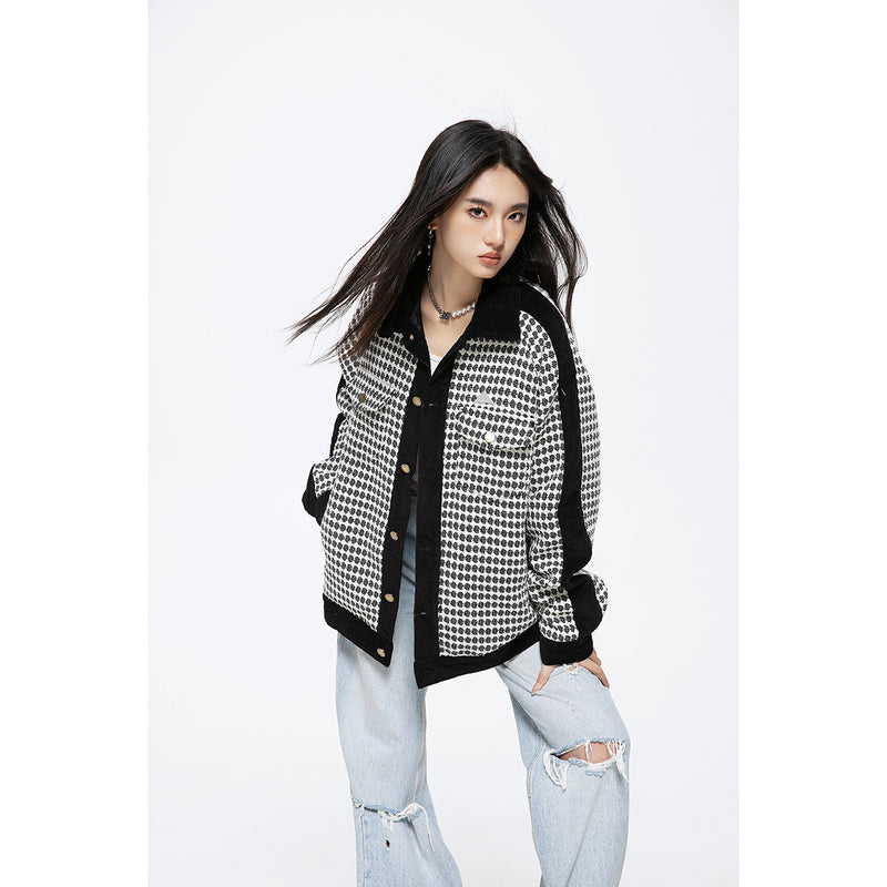 Unisex Jacket Retro Patchwork Polo Collar Jacket Loose Couple Coat