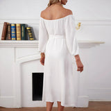 Women Dress Single Breasted Split Long Sleeve Mid-Length Dress