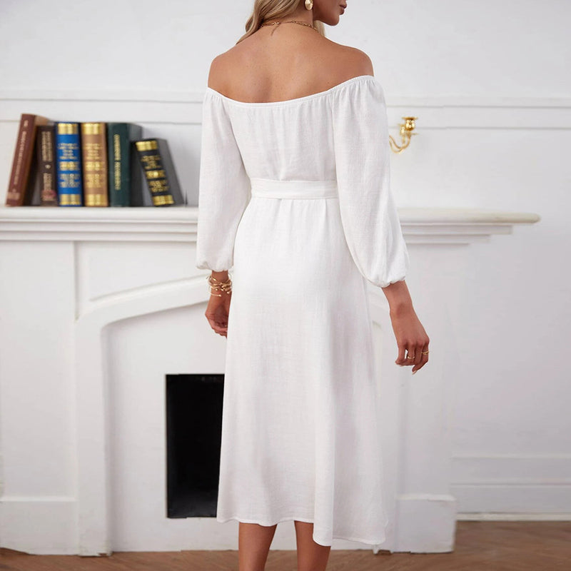 Women Dress Single Breasted Split Long Sleeve Mid-Length Dress