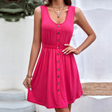 Women Dress Spring and Summer Sleeveless Button round Neck off-the-Shoulder Dress