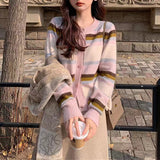 Women Knitwear Autumn and Winter Striped round Neck Sweater Slim-Fit Knitted Cardigan