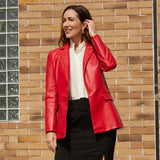Red Leather Jacket Long-Sleeved Coat Women's Single Button Casual Solid Color Leather Coat