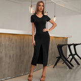 Women Dress Sexy Slim Fit Slit Knitted Midi Dress