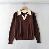 Women Sweater Knitwear Polo Collar Contrast Color Knitwear Women's Autumn Winter Retro Casual Loose Pullover Top Lapel Sweater