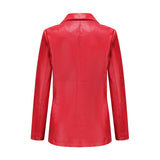 Red Leather Jacket Long-Sleeved Coat Women's Single Button Casual Solid Color Leather Coat