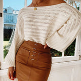 Women Knitted Sweater Spring and Autumn Sexy Hollow out Shoulder-Baring Long Sleeve Loose Sweater