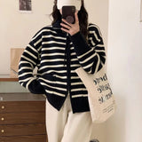 Women Knitted Cardigan Stand Collar Double Zipper Striped Knitted Cardigan