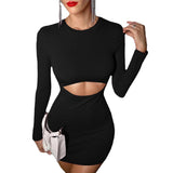 Women Dress Sexy round Neck Hollow Sheath Long Sleeve Dress