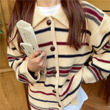 Women Knitwear Autumn Winter Retro Striped Lapel Sweater Loose Knitted Cardigan