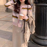 Women Knitwear Autumn and Winter Striped round Neck Sweater Slim-Fit Knitted Cardigan