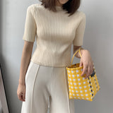 Women Knitted T-shirt Short Slim-Fit Knitted Top