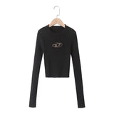 Women Sweater Knitwear Spring round Neck Letter Vertical Stripes Short Slim Bottoming Sweater Sweater