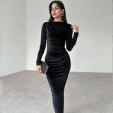 Women Dresses Spring Slim-Fitting round-Neck Long-Sleeved Dress