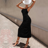 Women Dress Fall/Winter Slim Velvet Spaghetti Straps Dress Slit Midi Skirt