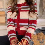 Women Knitwear Autumn and Winter Striped round Neck Sweater Slim-Fit Knitted Cardigan