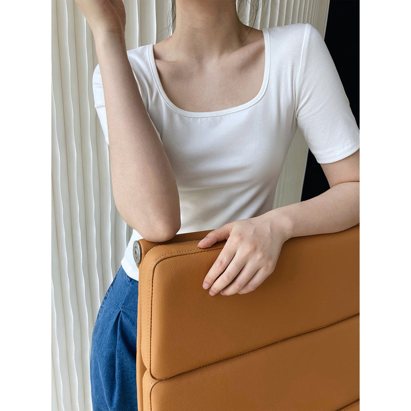 Women T Shirt Short Summer Square Collar Short Sleeve T-shirt Slim Fit off-Shoulder Top