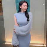 Women Dresses Summer Turtleneck Sleeveless Dress Slit Slim-Fitting Hip Skirt