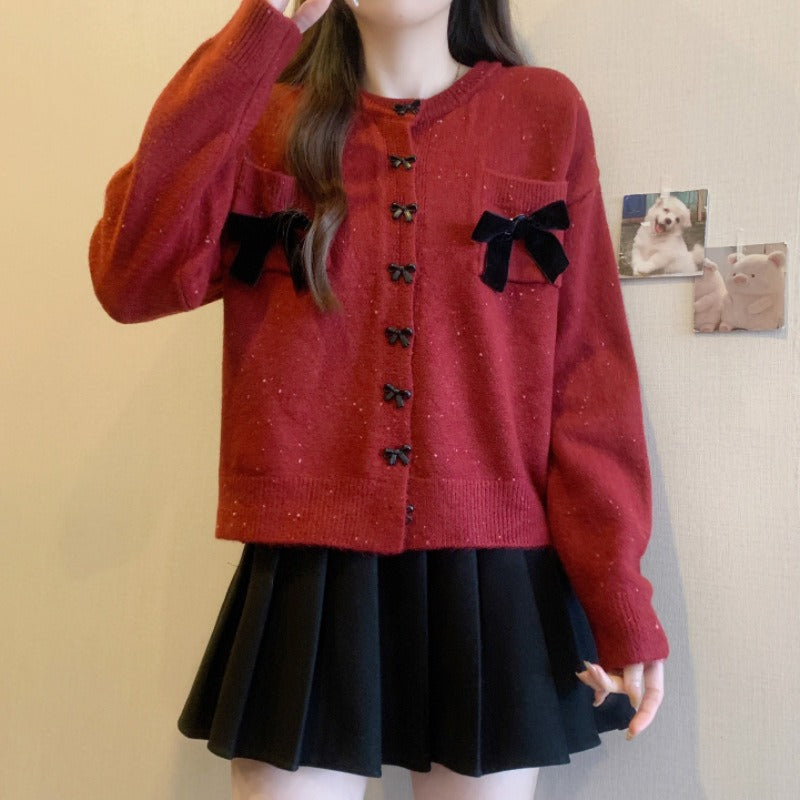 Women Knitted Cardigan with Bow round Neck Long Sleeve Sweater Loose Single-Breasted Knitted Cardigan