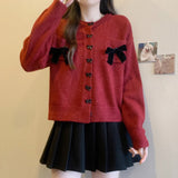 Women Knitted Cardigan with Bow round Neck Long Sleeve Sweater Loose Single-Breasted Knitted Cardigan
