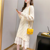 Women Knitwear Autumn and Winter Long Lace Stitching Sweaters Dress