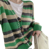 Women Knitwear Spring and Autumn Vintage Stripe V-neck Knitted Cardigan