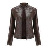 Red Leather Jacket Casual Leather Clothing Stand Collar Jacket Solid Color Women's Leather Jacket