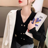 Women Knitwear Autumn Double Breasted V-neck Sweater Loose Knitted Cardigan