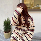 Women Knitwear Autumn Winter Retro Striped Lapel Sweater Loose Knitted Cardigan