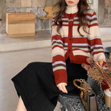 Women Knitwear Autumn and Winter Striped round Neck Sweater Slim-Fit Knitted Cardigan
