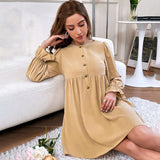 Women Dress Loose Single-Breasted round Neck Long Sleeve Girl's Dress Dress
