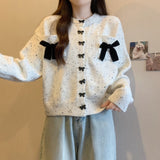 Women Knitted Cardigan with Bow round Neck Long Sleeve Sweater Loose Single-Breasted Knitted Cardigan
