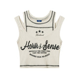 Women Vest Vintage Printed Short Top Summer Thread Fitted Sleeveless T-shirt Vest