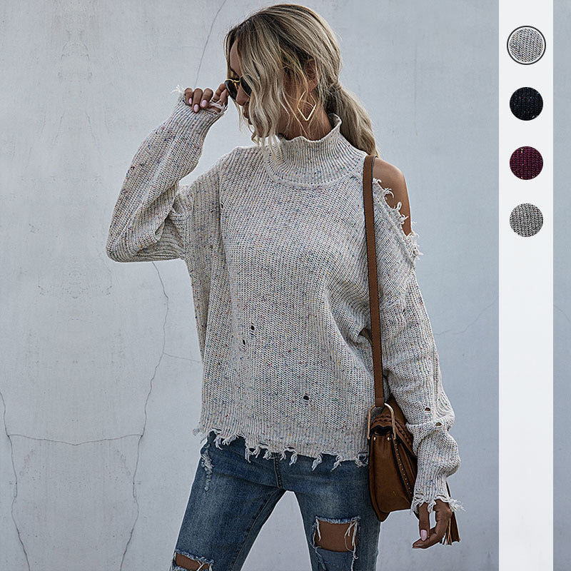 Women Knitted Sweater Women's Loose off-Shoulder Ripped Long Sleeves Turtleneck Autumn Knitted Sweater