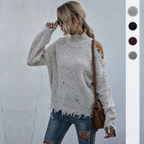 Women Knitted Sweater Women's Loose off-Shoulder Ripped Long Sleeves Turtleneck Autumn Knitted Sweater