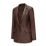 Red Leather Jacket Long-Sleeved Coat Women's Single Button Casual Solid Color Leather Coat