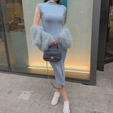 Women Dresses Summer Turtleneck Sleeveless Dress Slit Slim-Fitting Hip Skirt
