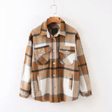 Women Jacket Fall Lapels Long Sleeve Cardigan Loose Plaid Shirt Coat