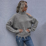 Women Knitted Sweater Women's Loose off-Shoulder Ripped Long Sleeves Turtleneck Autumn Knitted Sweater