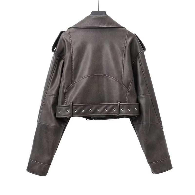 Women Leather Jacket Pu Coat Zipper Slim-Fit Crop-Top