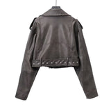 Women Leather Jacket Pu Coat Zipper Slim-Fit Crop-Top