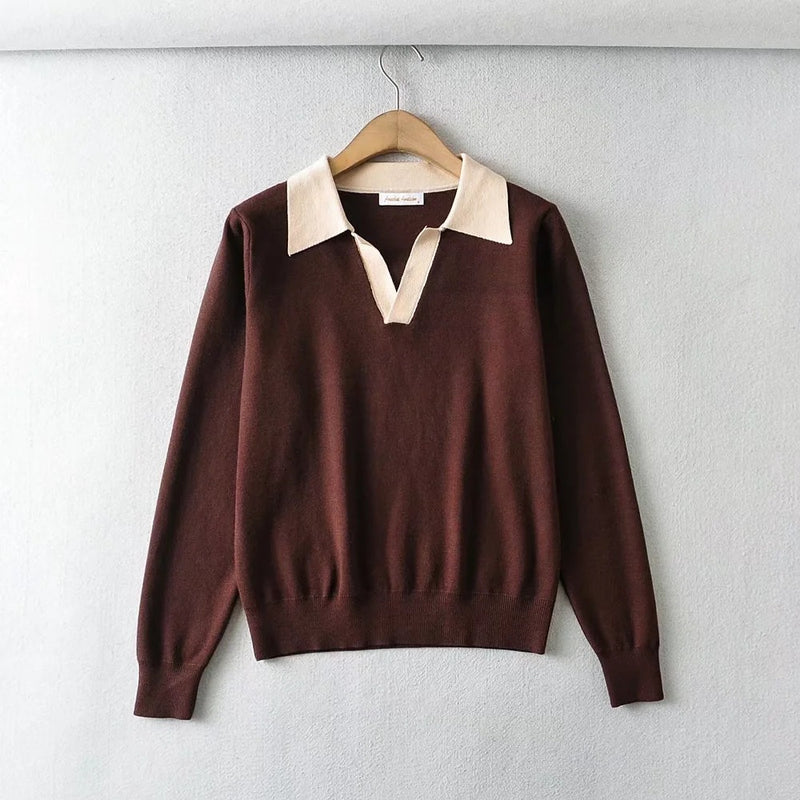 Women Sweater Knitwear Polo Collar Contrast Color Knitwear Women's Autumn Winter Retro Casual Loose Pullover Top Lapel Sweater