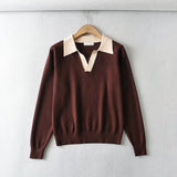 Women Sweater Knitwear Polo Collar Contrast Color Knitwear Women's Autumn Winter Retro Casual Loose Pullover Top Lapel Sweater