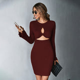 Women Dress Hollow Sexy Short Skirt Waffle Bell Sleeve Sheath Long Sleeve Dress