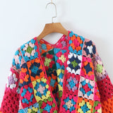 Women Sweater Knitwear Autumn Vintage Handmade Plaid One Button Cardigan Sweater