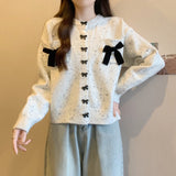 Women Knitted Cardigan with Bow round Neck Long Sleeve Sweater Loose Single-Breasted Knitted Cardigan