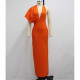 Harlem Night Attire Exposed Back V-neck Orange Single Sleeve Slit Evening Dress Dress