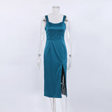 Women Dress Red Elegant Square Collar Satin Sexy Slit Dress 2